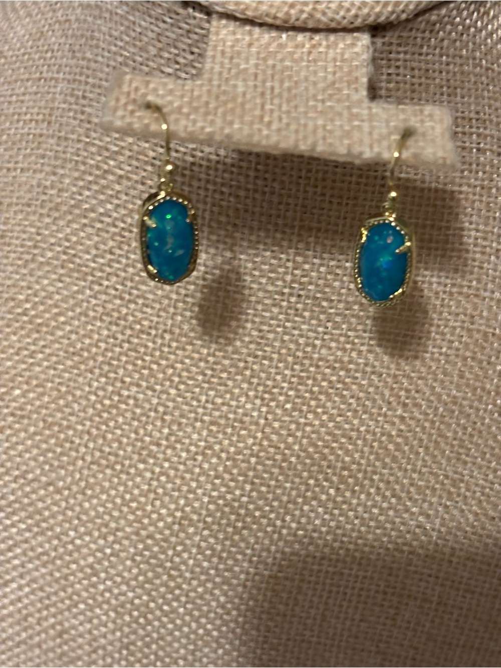 Kendra Scott Gold Dainty Drop Earrings with Bright Teal Blue Stones - Picture 4 of 4
